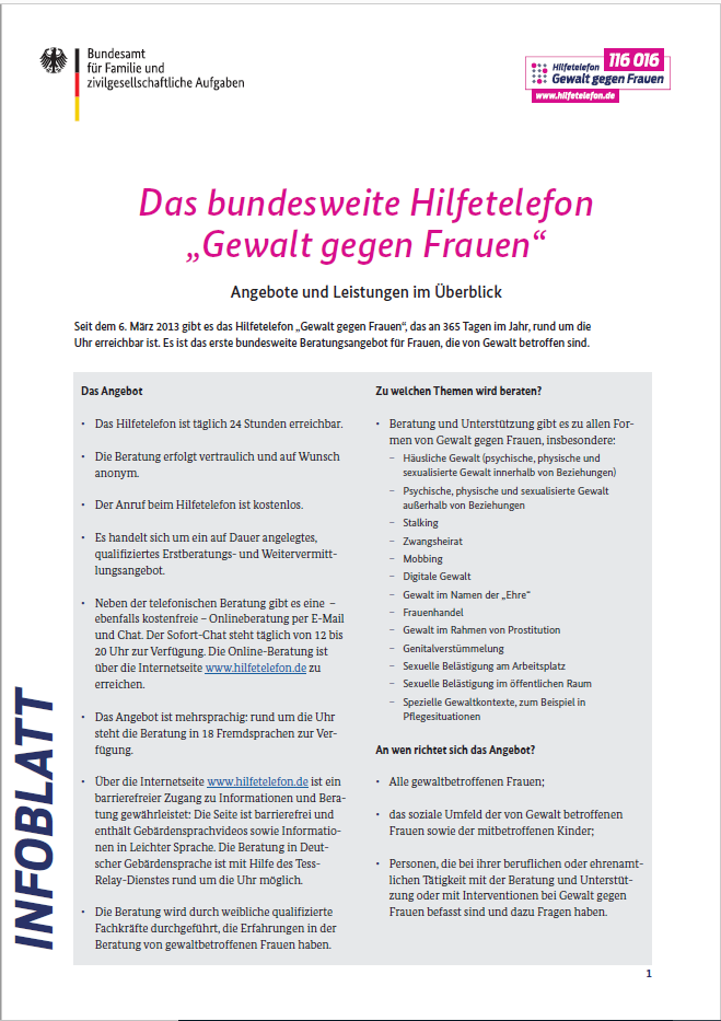 Hilfetelefon Gewalt gegen Frauen Infoblatt Angebote und Leistungen